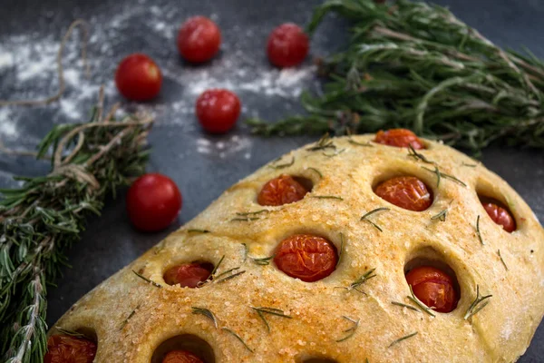 Fresh Baked Homemade Focaccia Bread Rosemary Cherry Tomatoes Grey Textured — Stock Photo, Image