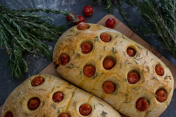 Fresh Baked Homemade Focaccia Bread Rosemary Cherry Tomatoes Grey Textured — Stock Photo, Image