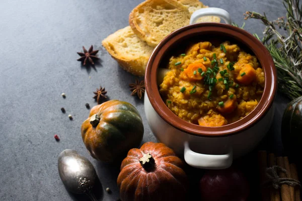 Mercimek ve nohutlu kabak güveci. Dengeli vejetaryen yemeği üst görünüm fotoğrafı. Sonbahar makbuzları. Fotokopi alanı olan koyu gri arkaplan.. 