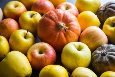 Mevsimlik meyve ve sebzeler masada. Taze bahçe hasadının yakın fotoğrafını çek.. 