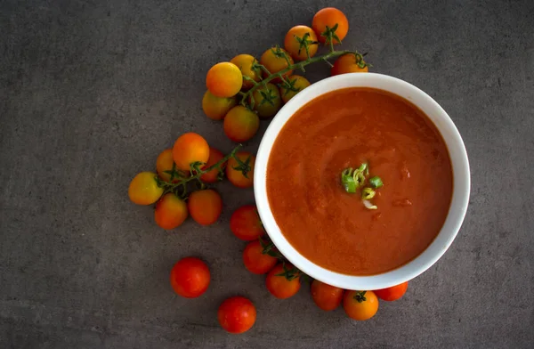 Tomato Soup Table Dark Background Copy Space Healthy Eating Concept — Stock Photo, Image