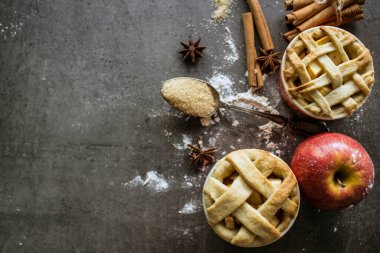 İki küçük elmalı turta ve kafes. Fotokopi alanı olan gri arkaplan. Ev yapımı elmalı turta. Lezzetli elmalı turta ya da masada turta. Sonbahar menüsü fikirleri. Sağlıklı yeme kavramı. 