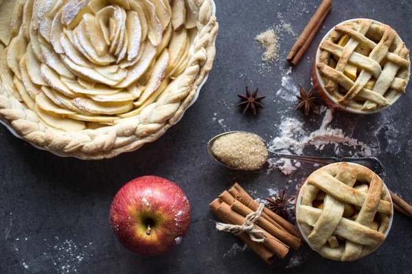 Apple pie top view photo.  Homemade apple pie top view photo.Delicious apple tart or pie on a table. Autumn menu ideas. Healthy eating concept.