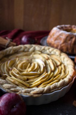 Elmalı turtalar masada. Çeşitli elmalı pastalar fotoğrafı kapatır. sonbahar menüsü makbuzları. 
