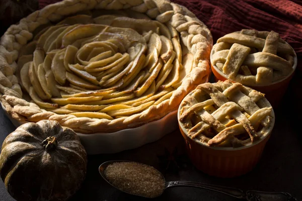 Apfelkuchen Auf Einem Tisch Verschiedene Apfelgebäck Nahaufnahme Foto Menüs Herbst — Stockfoto
