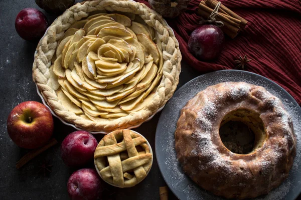 Apfelkuchen Verschiedener Sorten Auf Einem Tisch Mit Frischem Obst Zimtstangen — Stockfoto