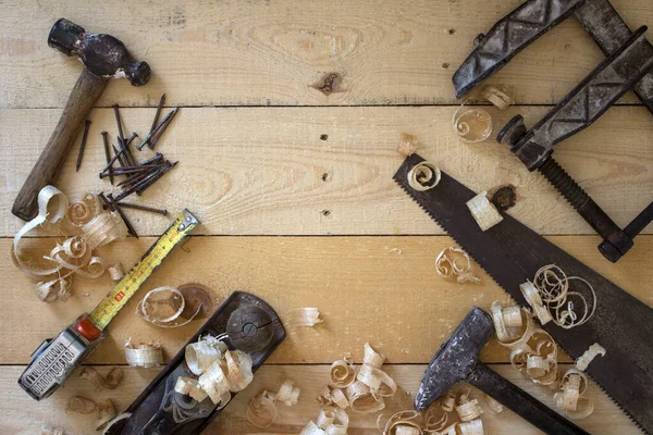 Carpenter Tools Close Photo Vintage Hand Saw Clamp Plane Tool — Stock Photo, Image