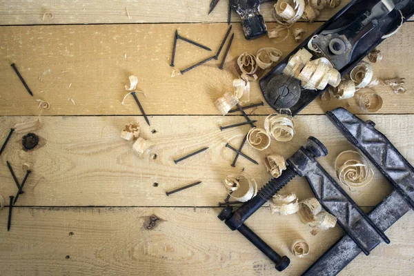 Oude Vliegtuig Gereedschap Close Foto Houten Achtergrond Met Kopieerruimte Timmerman — Stockfoto