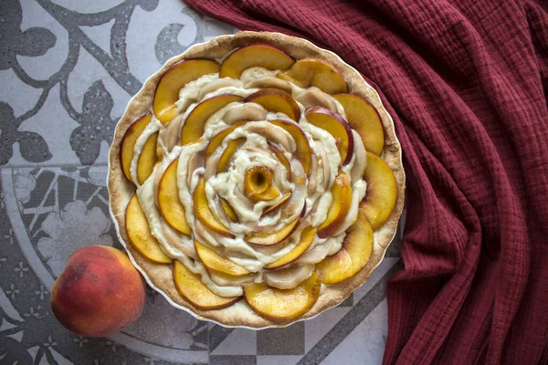 Obstkuchen Mit Sahne Hausgemachte Süße Kuchen Foto Von Oben — Stockfoto