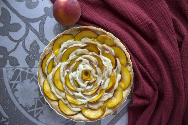 Obstkuchen Mit Sahne Hausgemachte Süße Kuchen Foto Von Oben — Stockfoto