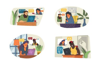 Çevrimiçi toplantı konseptinin vektör illüstrasyonu, evden çalışma, düz tasarım. Video konferansı, tele-çalışma, sosyal mesafeler, iş tartışmaları. Çevrimiçi meslektaşlarıyla sohbet eden karakter.