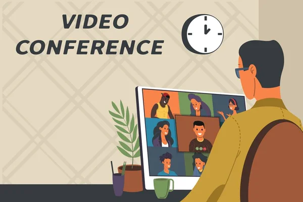 Webinar 'ın Vektör İllüstrasyonu, online buluşma konsepti, evden çalışma, düz tasarım. Video konferansı, tele-çalışma, sosyal mesafeler, iş tartışmaları. Çevrimiçi meslektaşlarıyla sohbet eden karakter.