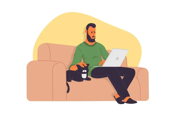Evde çalışmak, Webinar, çevrimiçi düz vektör çizimi. Video konferansı, tele-çalışma, sosyal uzaklık, iş görüşmesi, çalışma. Dizüstü bilgisayarı olan bir adam kanepede kedisiyle oturuyor..