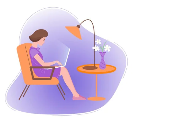 Trabajar en casa, webinar, reunión en línea ilustración vectorial plana. Videoconferencia, teletrabajo, distanciamiento social, discusión de negocios, estudio. Chica joven con portátil sentado en la silla. — Vector de stock