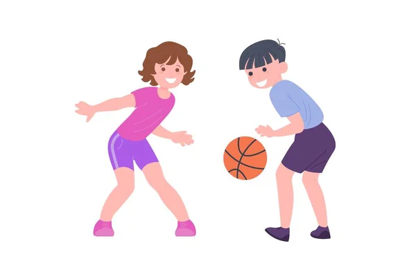 Happy children playing sport game. Boy and girl doing physical exercise. Kids playing basketeball. Active healthy childhood. Flat vector cartoon illustration isolated on white background