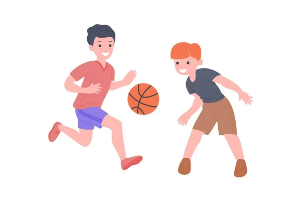 Enfants heureux jouant jeu de sport. Garçon et fille faisant de l'exercice physique. Les enfants jouent au basket. Enfance active et saine. Illustration de dessin animé vectoriel plat isolé sur fond blanc — Image vectorielle