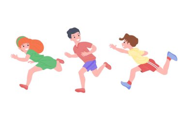 Spor yapan mutlu çocuklar. Erkek ve kız fiziksel egzersiz yapıyorlar. Basketbol oynayan çocuklar. Aktif sağlıklı çocukluk. Düz vektör karikatür çizimi beyaz arkaplanda izole edildi