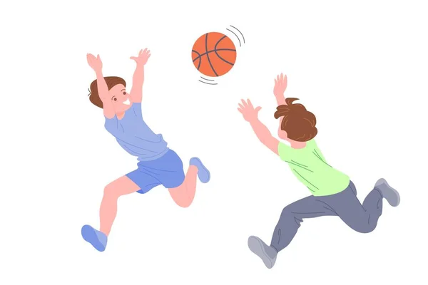 Spor yapan mutlu çocuklar. Erkek ve kız fiziksel egzersiz yapıyorlar. Basketbol oynayan çocuklar. Aktif sağlıklı çocukluk. Düz vektör karikatür çizimi beyaz arkaplanda izole edildi