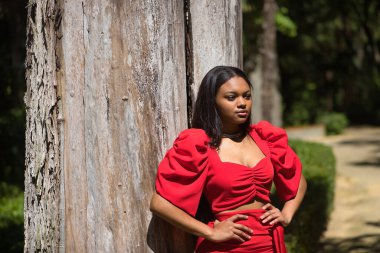 Genç, güzel, kırmızı elbiseli Afrikalı bir kadın doğayla bağlantılı olarak büyük bir ağacın gövdesine yaslanmış poz veriyor. Konsept moda, güzellik, moda.