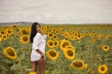 Genç, çekici, Latin esmer, üzerinde kılıçlar olan beyaz bir gömlek giyen, çapkın ve eğlenceli, ayçiçeği tarlasının ortasında duran bir kadın. Kavram: doğa, tarım, kırsal.