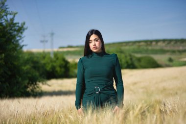 Genç, güzel, koyu yeşil elbiseli esmer kadın olgun bir buğday tarlasının hasadını izlerken yürüyor. Güzellik, moda, moda, gençlik kavramı.