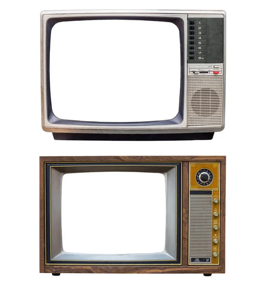 老式复古青铜和木制家用电视接收机 独立于白色背景 两台老式电视 — 图库照片