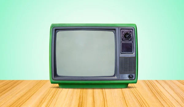 Zelená Retro Starý Televizní Přijímač Stole Přední Gradient Zelená Zeď — Stock fotografie