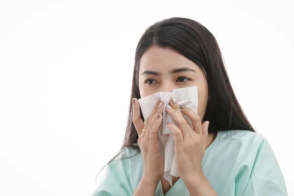 Γυναίκες Ασθενείς Υψηλό Πυρετό Βήχα Πονόλαιµο Καταρροή Κουρασµένη Αναπνοή Κίνδυνο — Φωτογραφία Αρχείου