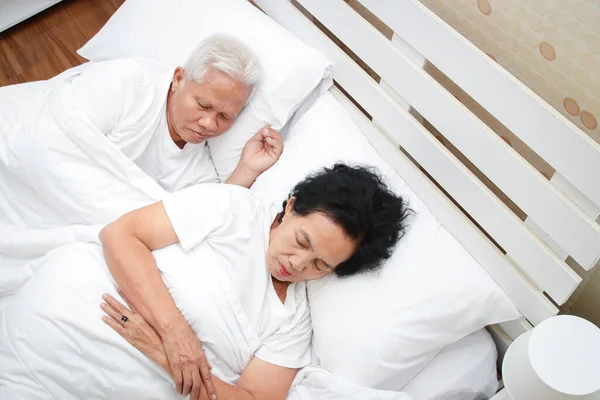 Asian Elderly Couple Sleep Bed Bedroom Senior Health Concepts Illness — Stock Photo, Image