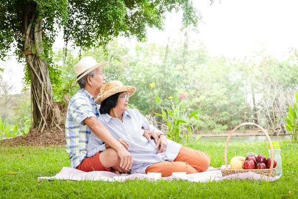 Senior Asian couples sit for picnics and relax in the park. They enjoy life after retirement. The concept of an elderly community.
