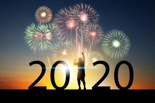 Silhouette Boy Shows Happy Gesture Raise His Hand Celebration New — Stock Photo, Image