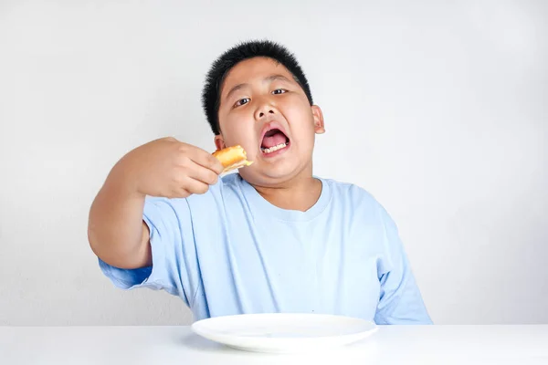 Los Gordos Comen Pizza Felizmente Come Grandes Cantidades Grasa Corporal — Foto de Stock