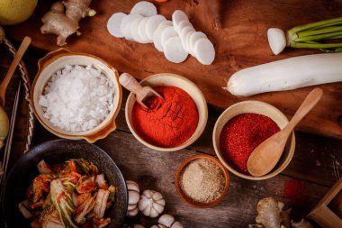 Kore turşusu malzemeleri var. Turp, havuç, Çin lahanası, elma, soğan, sarımsak, tuz, biber, Gochujang. Mayalanmış gıda konsepti. Üst görünüm