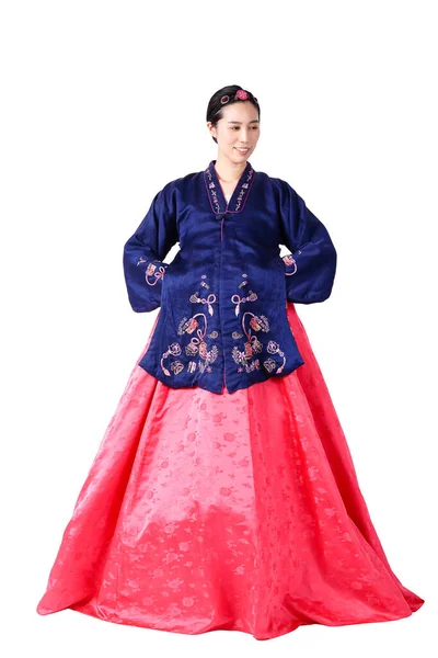 한복을 아름다운 아시아 여자는 한국의 의상이다 고립되어 있습니다 — 스톡 사진