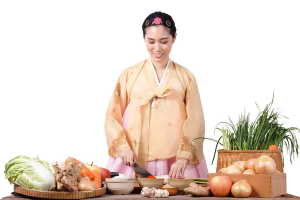 Hanbok Giyen Kimçi Pişiren Koreli Güzel Bir Kadın Sebze Çin — Stok fotoğraf