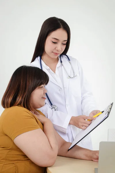 Female doctors perform treatment and examine symptoms of obese female patients. At risk of obesity and diabetes. Weight loss concept For good health