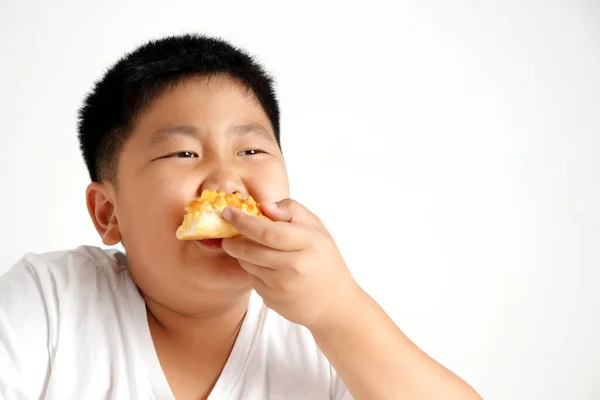 Menino Asiático Gordo Está Comendo Uma Pizza Deliciosa Conceito Comer — Fotografia de Stock