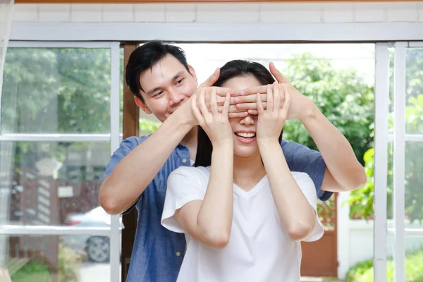 Asian Married Couple Buy House Live Together Men Use Hands — Stock Photo, Image