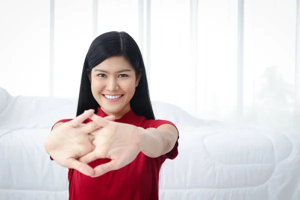 Beautiful Asian Woman Exercise Bedroom Her Home Smile Happy Health — Stock Photo, Image