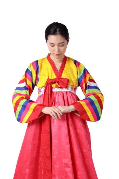 Hanbok Giyen Güzel Bir Asyalı Kadın Kore Nin Ulusal Elbisesidir — Stok fotoğraf