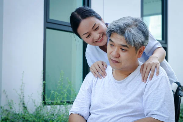 Elderly Man Sitting Wheelchair Unable Walk Due Weak Leg Depression — Stock Photo, Image