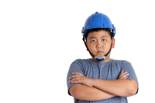 Ragazzo Asiatico Con Casco Blu Vuole Diventare Ingegnere Elettrico Fondo — Foto Stock