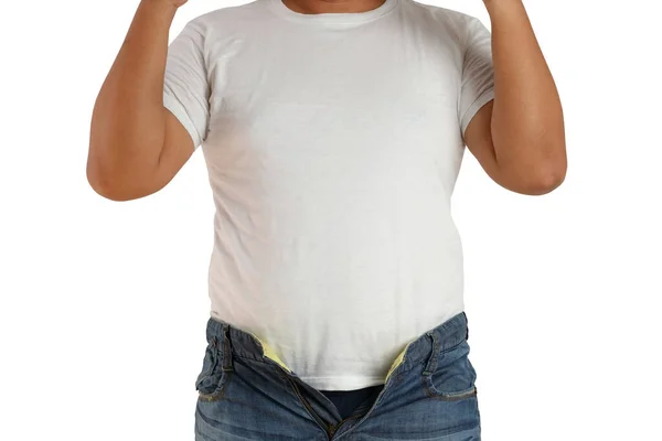 Tlustý Asiat Nosí Bílé Košile Nemůžu Nosit Kalhoty Izolovaná Oříznutá — Stock fotografie