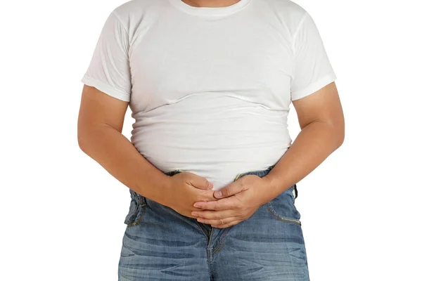 Hombre Gordo Asiático Sosteniendo Mano Sobre Estómago Porque Los Pantalones —  Fotos de Stock