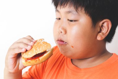Asyalı şişman çocuk hamburger yer. Çocukların fiziksel sağlık sorunlarına yol açan gıda kavramları obezite gibi kolay hastalıklara neden oluyor. Beyaz arka plan. İzole. Boşluğu kopyala