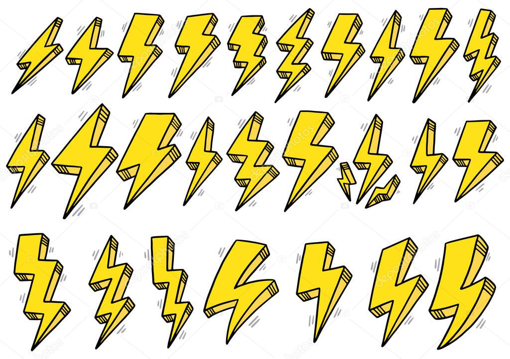 Background with hand drawn doodle set of lightning bolts, thunder