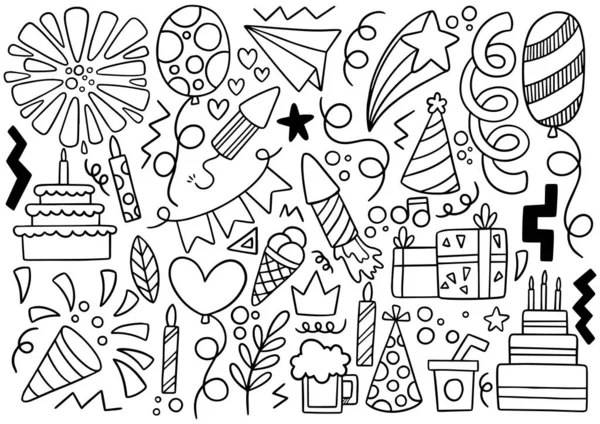 0057 Mão Desenhada Festa Doodle Feliz Aniversário — Vetor de Stock