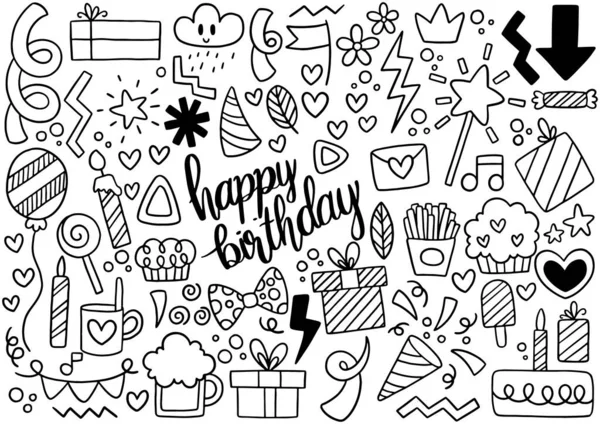 Main Dessiné Partie Doodle Joyeux Anniversaire — Image vectorielle