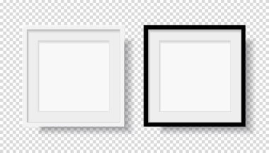 Foto Gerçekçi Siyah Boşluk ve Beyaz Resim Çerçevesi, cepheden duvara asılıydı. Şeffaf arkaplanda model izole edildi. Grafik biçimi şablonu. Vektör illüstrasyonu
