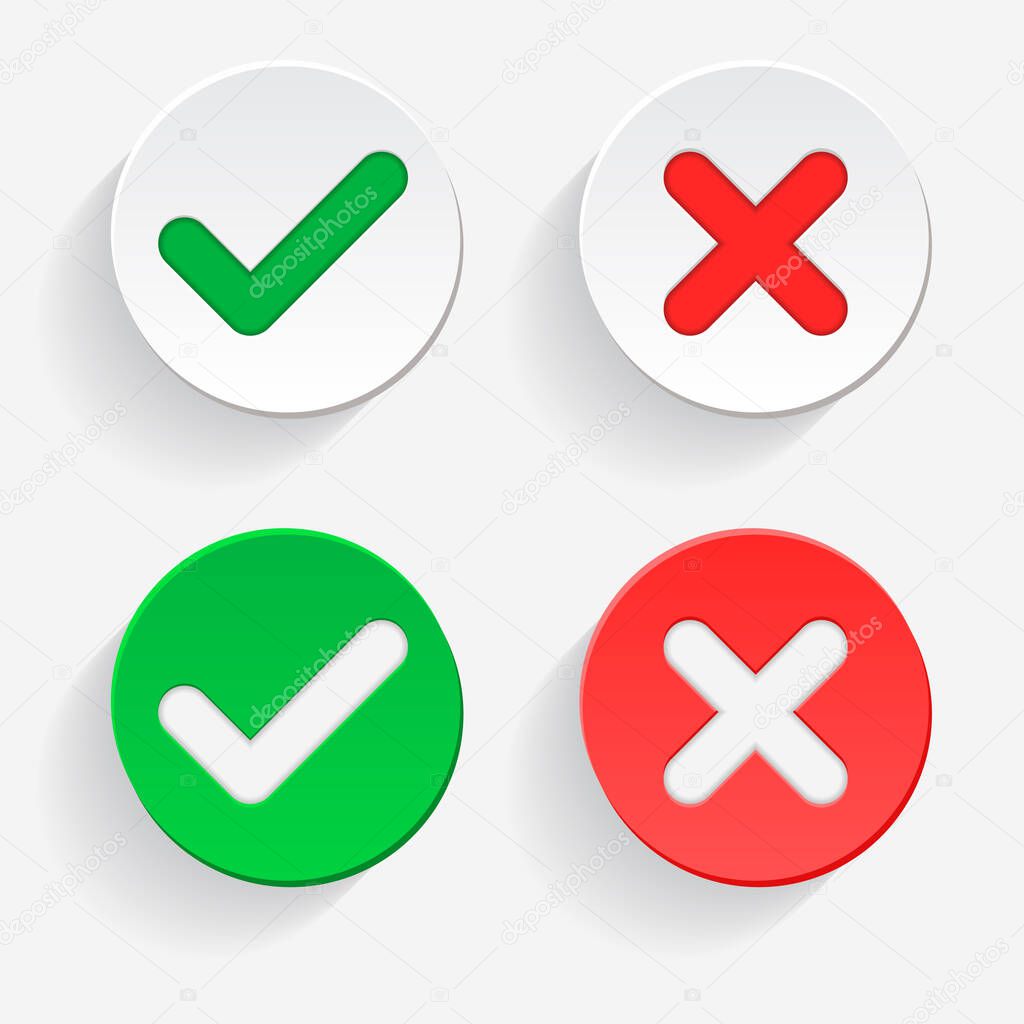 0001-checkmark Green Tick and red cross of approved and reject Circle symbols YES and NO button for vote, decision, web. Vector illustration icon